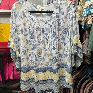 Style & Co. Blue and Yellow Floral Shear Blouse